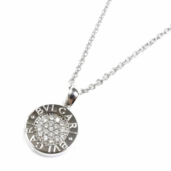 BVLGARI Logo Metro Diamond Round Necklace 17" 18k White Gold Auth #29-27 - Picture 1 of 6